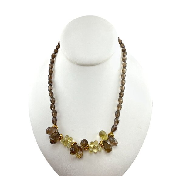 Smoky Quartz and Lemon Quartz Beaded Necklace Faceted Gemstone Teardrop Design - Picture 1 of 6